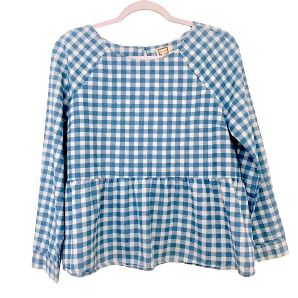 Mo:Vint New York by Anthropologie Women’s Gingham Check Peplum Blue Top SZ Small